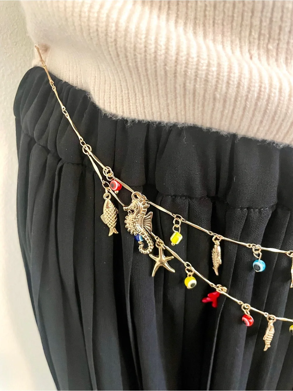 Boho Beachy Conch Seahorse Starfish Turtle Evil Eye Double Layered Waist Chain